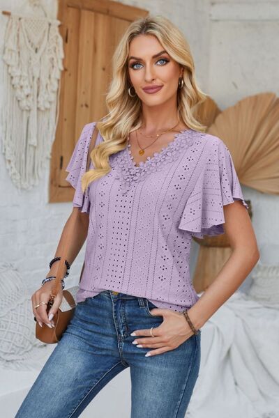 Eyelet Applique V-Neck Cap Sleeve T-Shirt - Charming Charlie