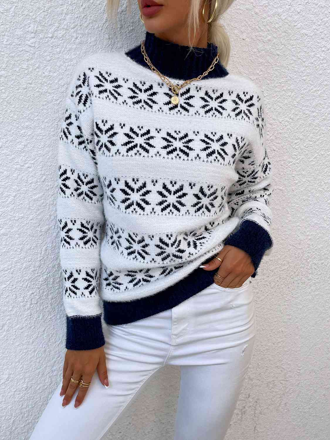 Snowflake Pattern Mock Neck Sweater - Charming Charlie