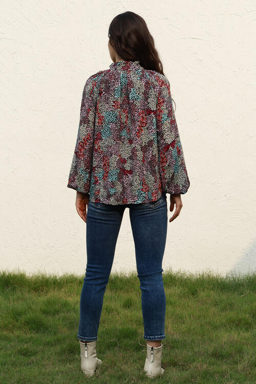 Tie Neck Heathered Balloon Sleeve Blouse - Charming Charlie