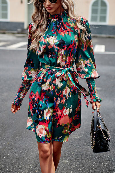 Printed Tie Waist Mock Neck Lantern Sleeve Dress - Charming Charlie
