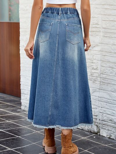 Raw Hem Buttoned Denim Skirt with Pockets - Charming Charlie