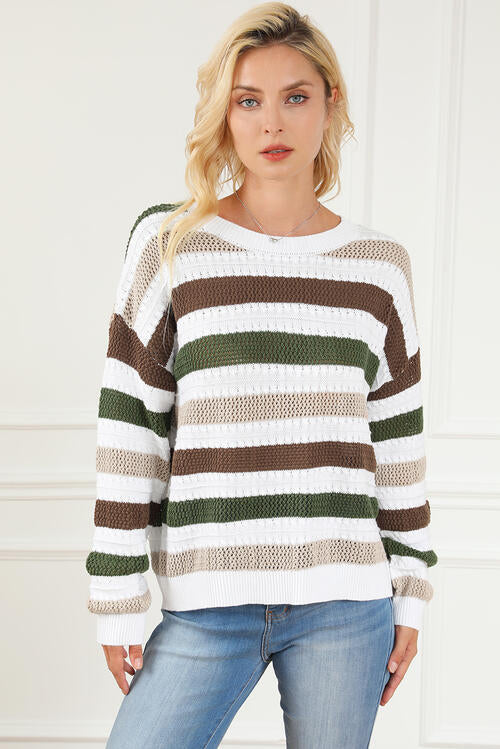 Striped Openwork Dropped Shoulder Sweater - Charming Charlie