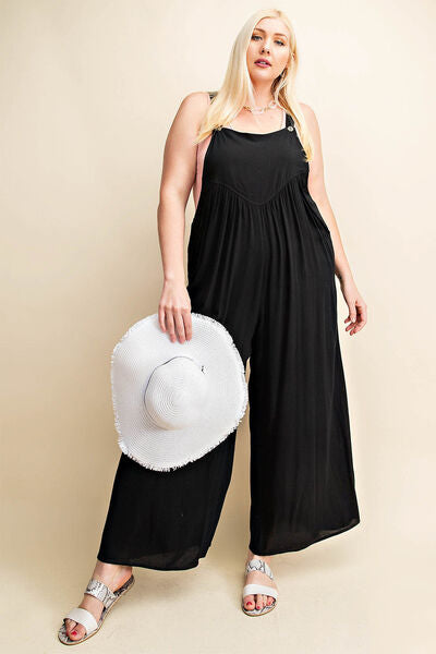 Kori America Full Size Sleeveless Ruched Wide Leg Overalls - Charming Charlie