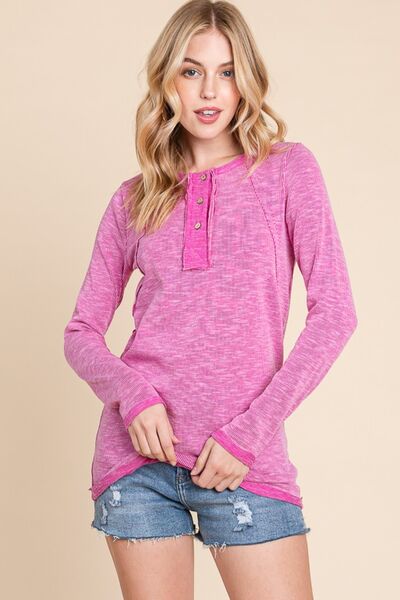 Reborn J Contrast Trim Half Button Long Sleeve T-Shirt - Charming Charlie
