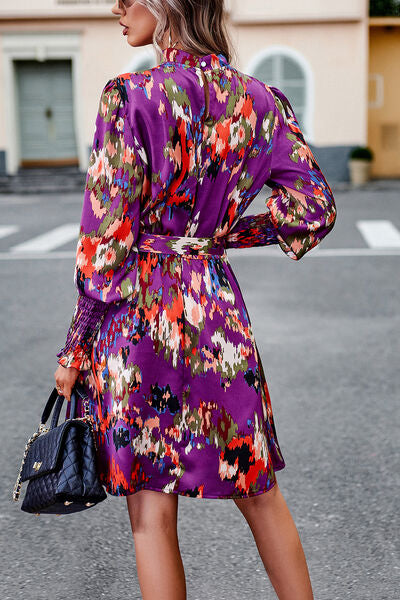 Printed Tie Waist Mock Neck Lantern Sleeve Dress - Charming Charlie