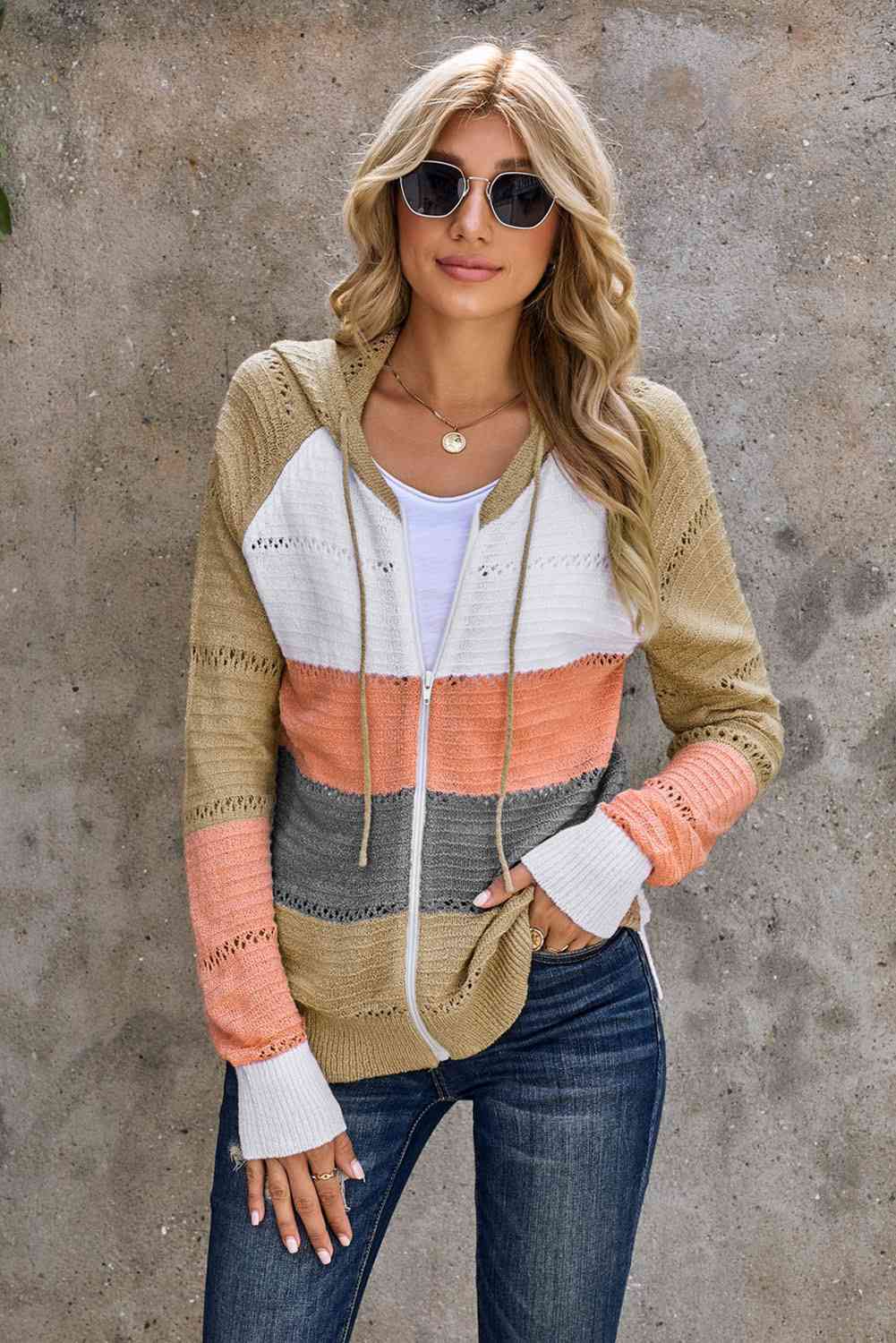 Zip-Up Raglan Sleeve Openwork Hooded Cardigan - Charming Charlie