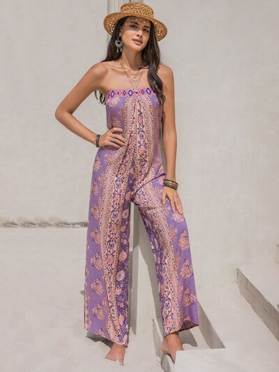 Tied Printed Tube Wide Leg Jumpsuit - Charming Charlie