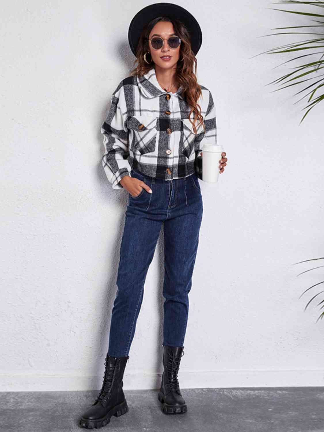 Plaid Button Front Jacket with Pockets - Charming Charlie