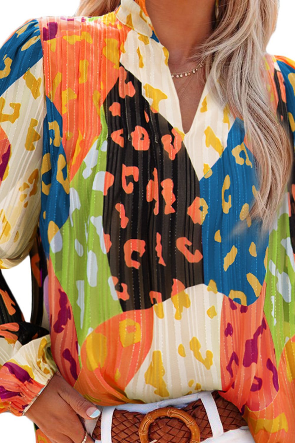 Printed Notched Long Sleeve Blouse - Charming Charlie