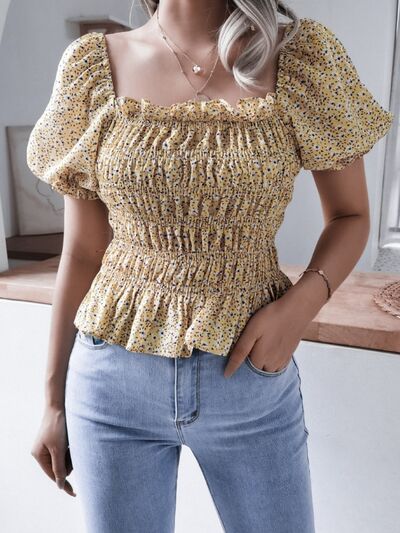 Frill Smocked Square Neck Short Sleeve Blouse - Charming Charlie