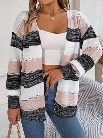 Openwork Striped Open Front Cardigan - Charming Charlie