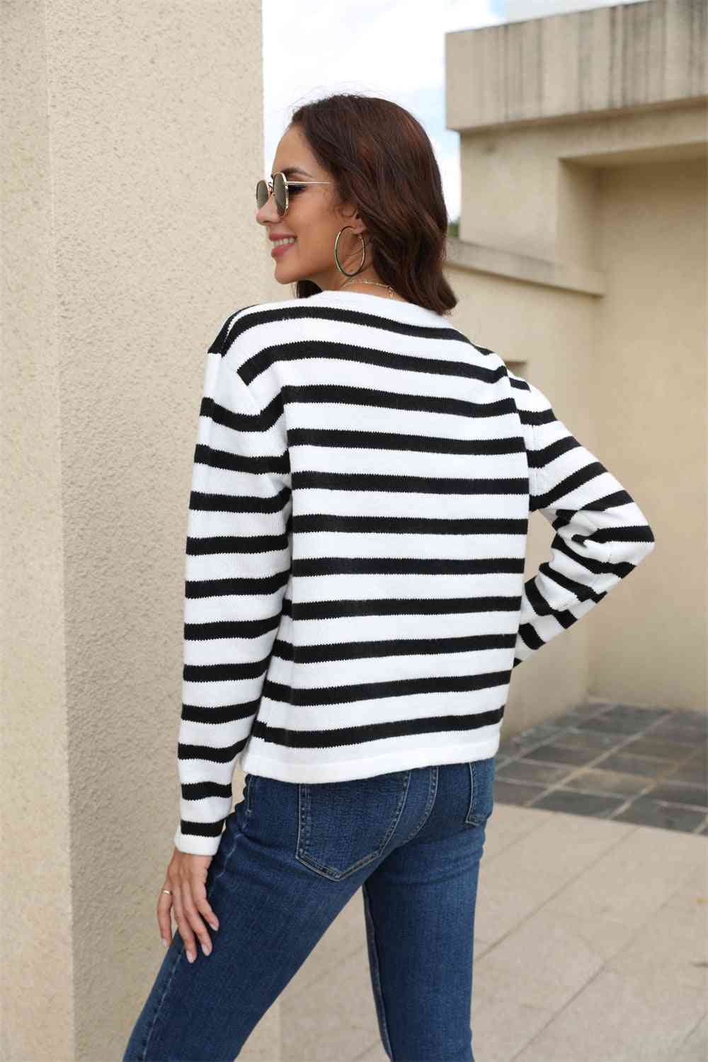 Striped Round Neck Button-Down Dropped Shoulder Cardigan - Charming Charlie