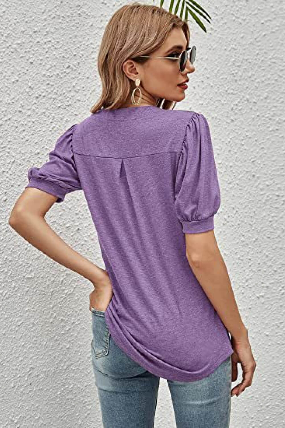 Notched Neck Puff Sleeve Tee - Charming Charlie