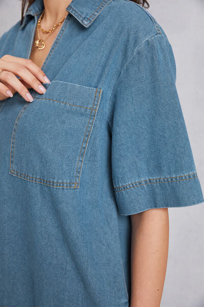 Pocketed Collared Neck Mini Denim Dress - Charming Charlie