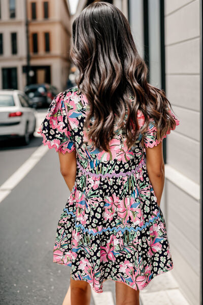 Printed Ruffle Hem Short Sleeve Mini Dress - Charming Charlie