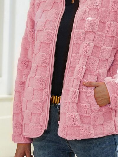 Fuzzy Checkered Zip Up Jacket - Charming Charlie