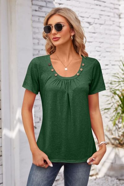 Decorative Button Scoop Neck T-Shirt - Charming Charlie