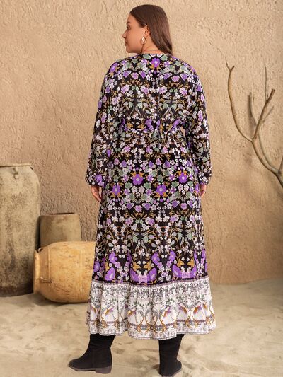 Plus Size V-Neck Balloon Sleeve Printed Midi Dress - Charming Charlie