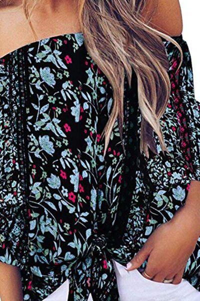 Tied Printed Off-Shoulder Half Sleeve Blouse - Charming Charlie