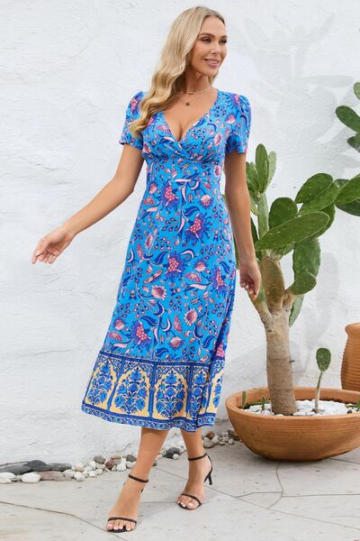 Printed Surplice Short Sleeve Dress - Charming Charlie