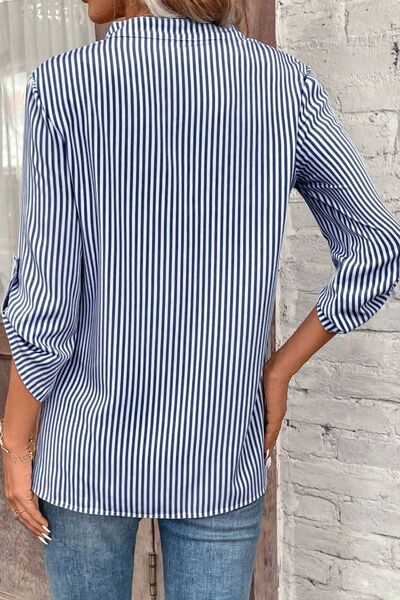 Striped Notched Roll-Tab Sleeve Shirt - Charming Charlie