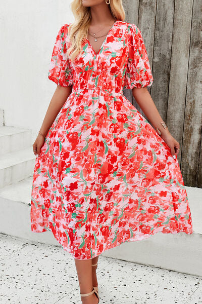 Smocked Printed V-Neck Short Sleeve Dress - Charming Charlie