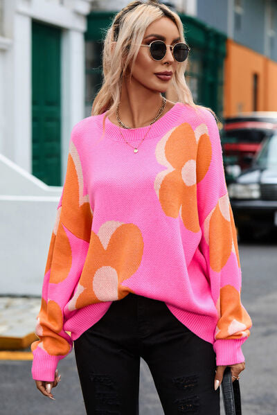 Flower Round Neck Dropped Shoulder Sweater - Charming Charlie