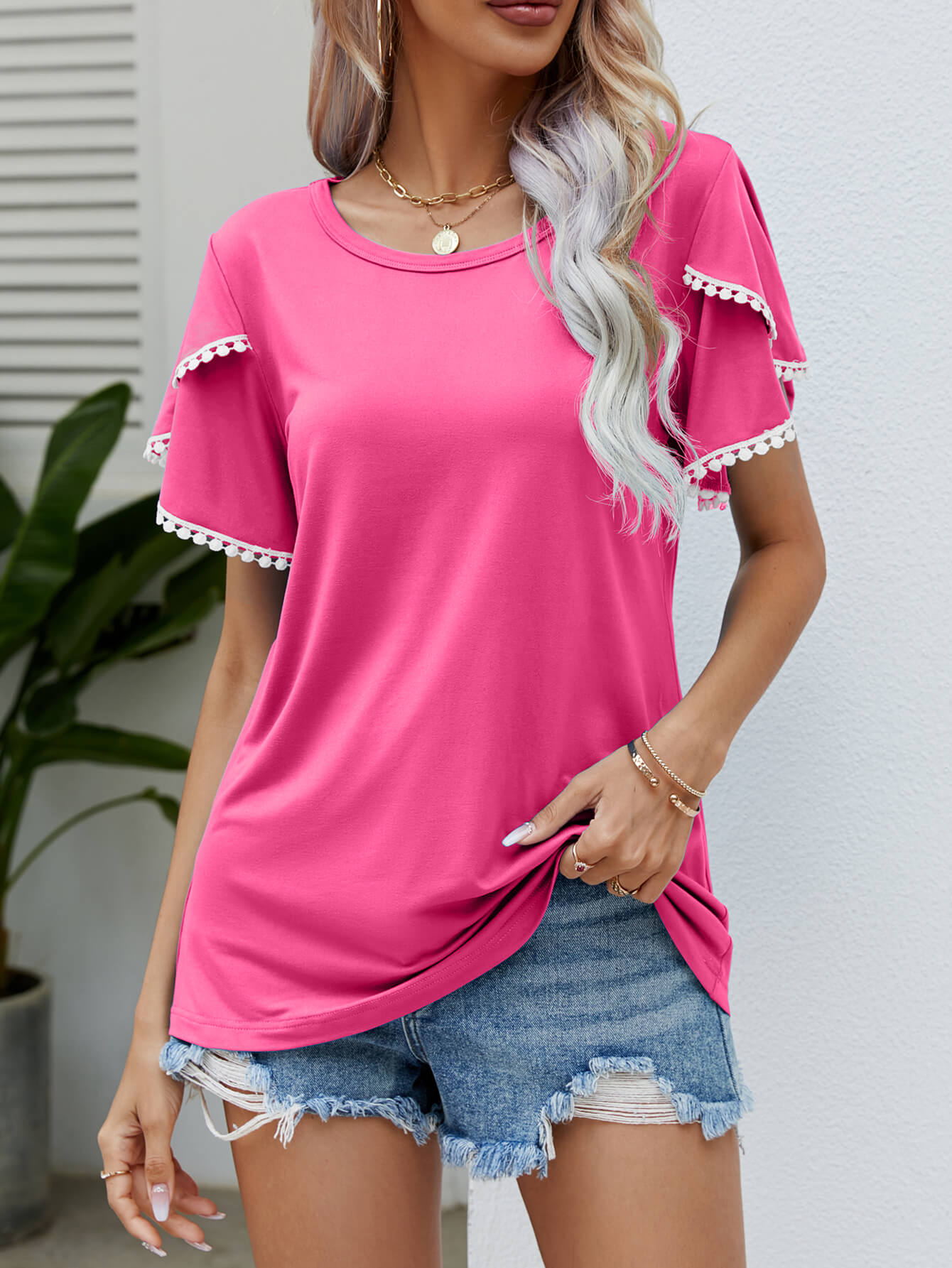 Pom-Pom Trim Flutter Sleeve Round Neck Tee - Charming Charlie