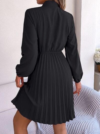 Tie Neck Balloon Sleeve Pleated Dress - Charming Charlie