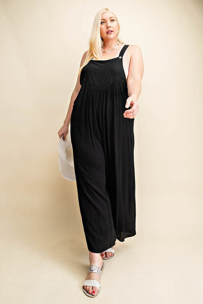 Kori America Full Size Sleeveless Ruched Wide Leg Overalls - Charming Charlie