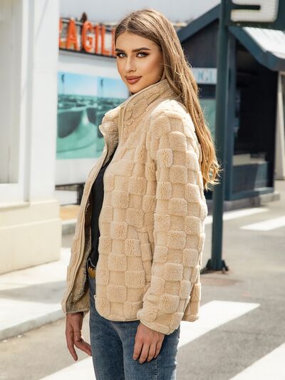 Fuzzy Checkered Zip Up Jacket - Charming Charlie