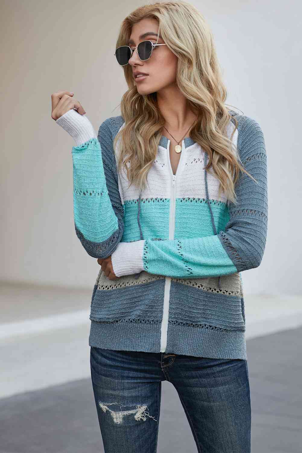Zip-Up Raglan Sleeve Openwork Hooded Cardigan - Charming Charlie