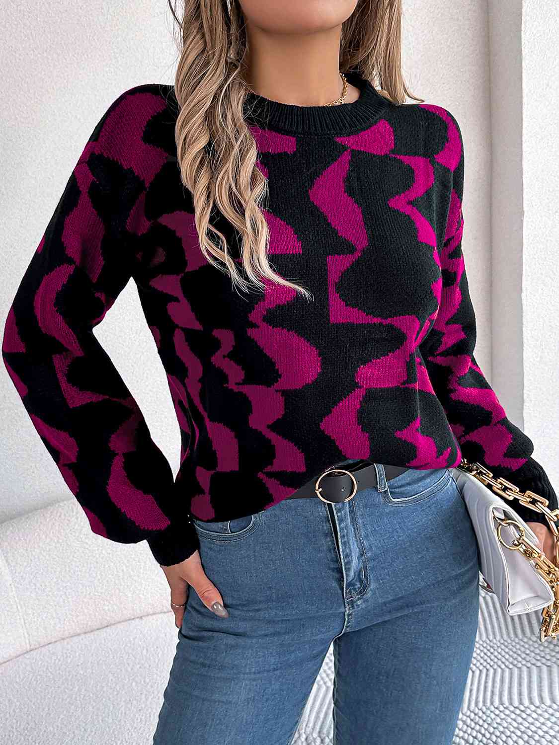 Round Neck Long Sleeve Sweater - Charming Charlie