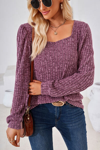 Ribbed Square Neck Long Sleeve T-Shirt - Charming Charlie