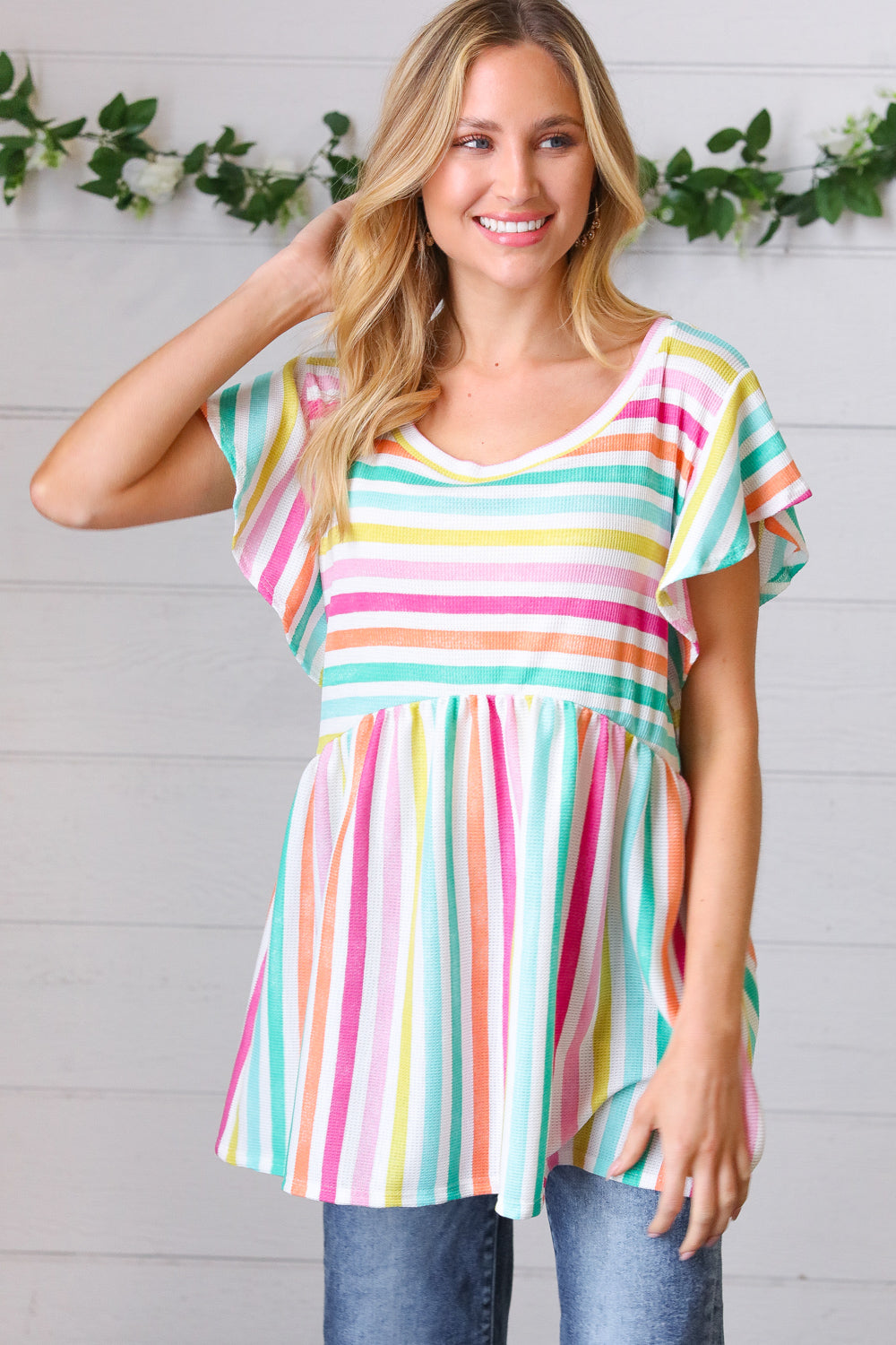 Lavender Rainbow Stripe Babydoll To - Charming Charlie