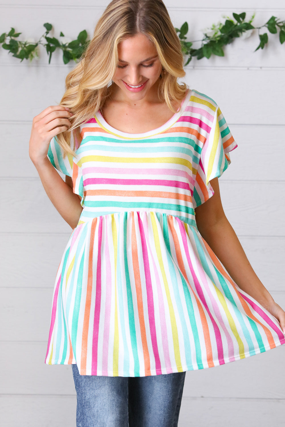 Lavender Rainbow Stripe Babydoll To - Charming Charlie