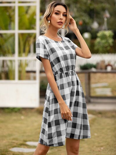 Smocked Plaid Round Neck Short Sleeve Dress - Charming Charlie