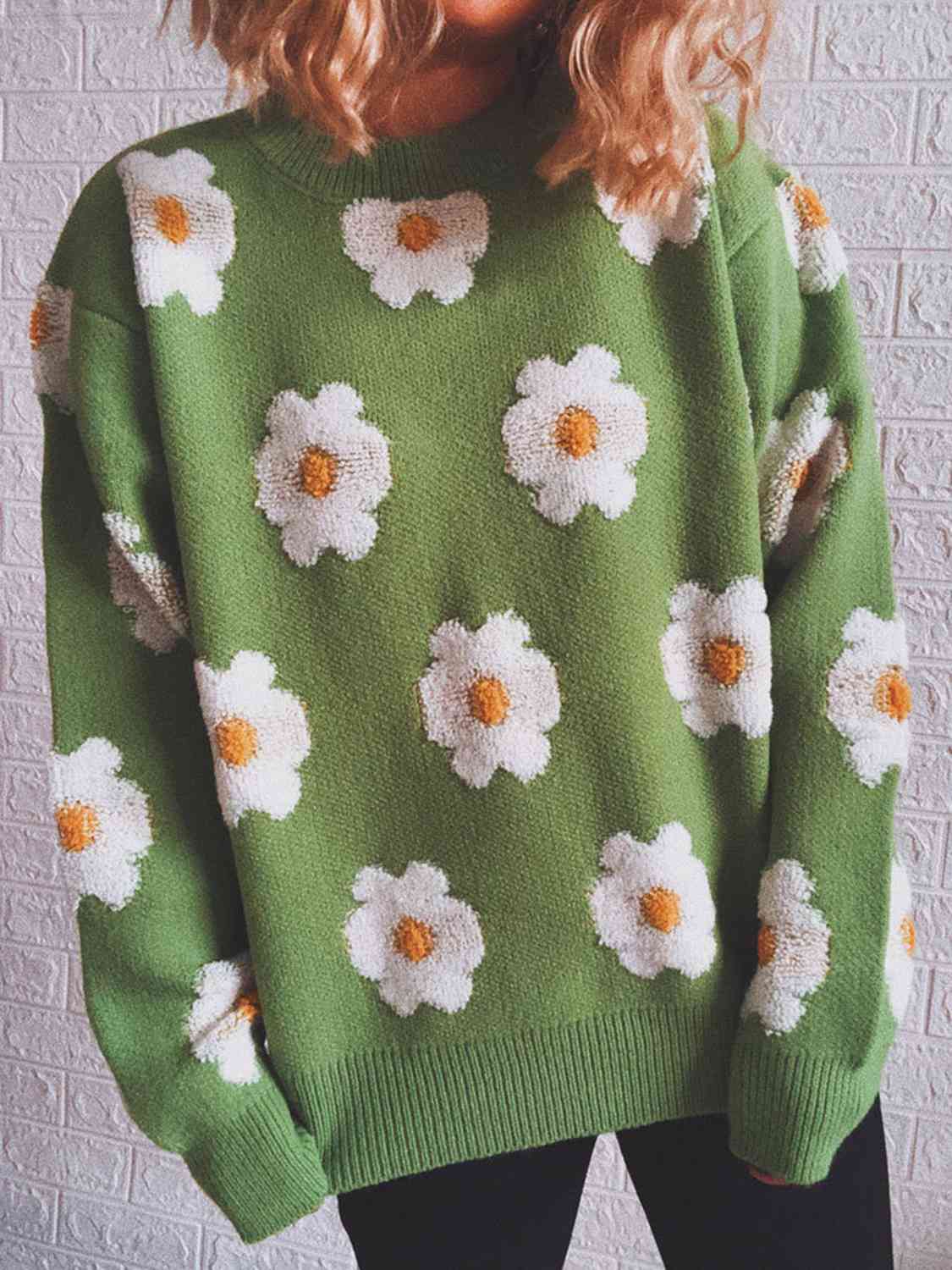 Flower Round Neck Long Sleeve Sweater - Charming Charlie
