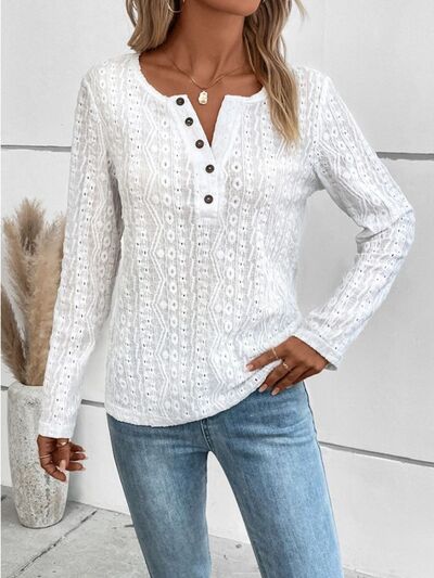 Openwork Half Button Long Sleeve Blouse - Charming Charlie