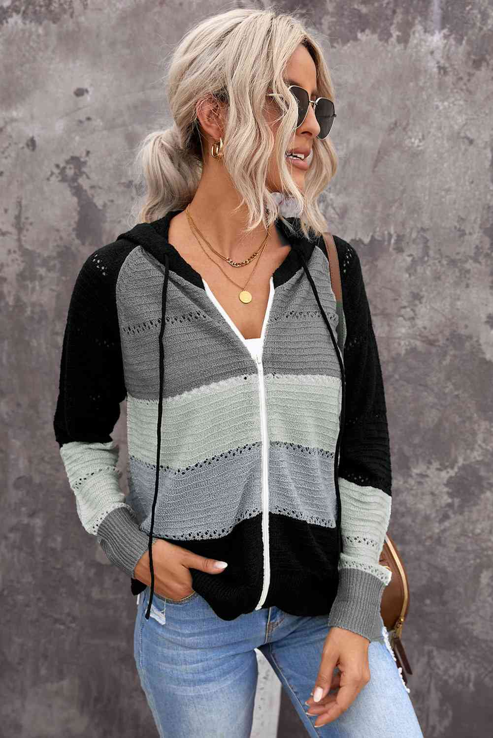 Zip-Up Raglan Sleeve Openwork Hooded Cardigan - Charming Charlie