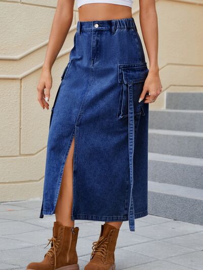 Slit Pocketed High Waist Denim Skirt - Charming Charlie