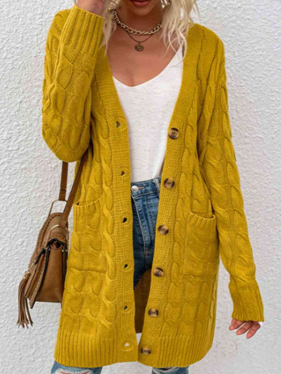 Cable-Knit Button Down Cardigan with Pockets - Charming Charlie