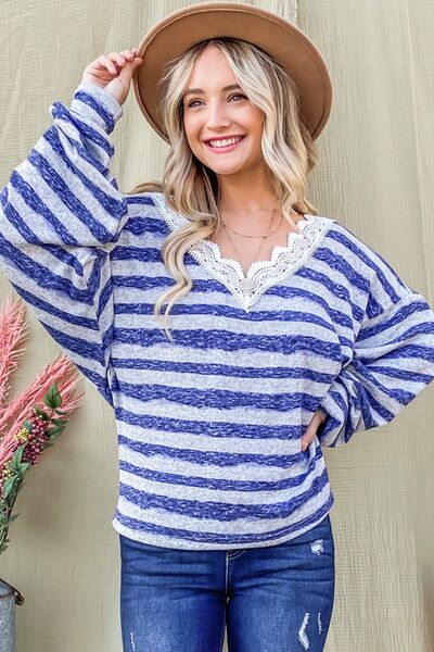 And The Why Striped Lace Detail V Neck Top - Charming Charlie
