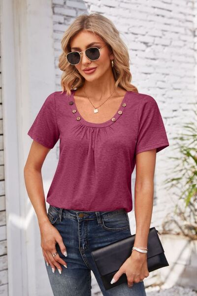 Decorative Button Scoop Neck T-Shirt - Charming Charlie