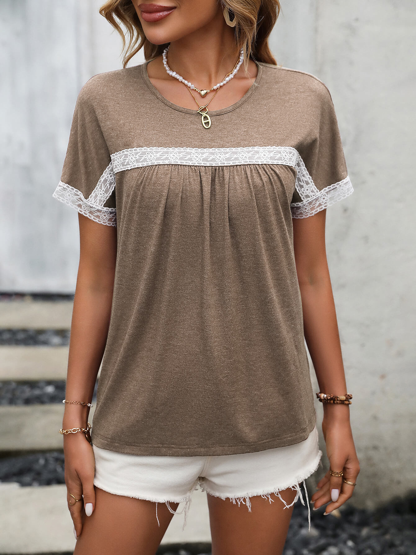 Contrast Round Neck Short Sleeve Tee - Charming Charlie