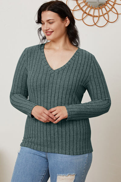 Basic Bae Full Size Ribbed V-Neck Long Sleeve T-Shirt - Charming Charlie