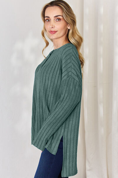 Basic Bae Full Size Ribbed Half Button Long Sleeve High-Low T-Shirt - Charming Charlie