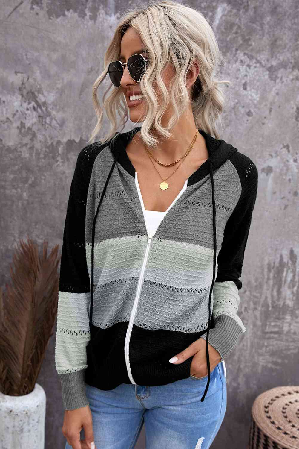 Zip-Up Raglan Sleeve Openwork Hooded Cardigan - Charming Charlie