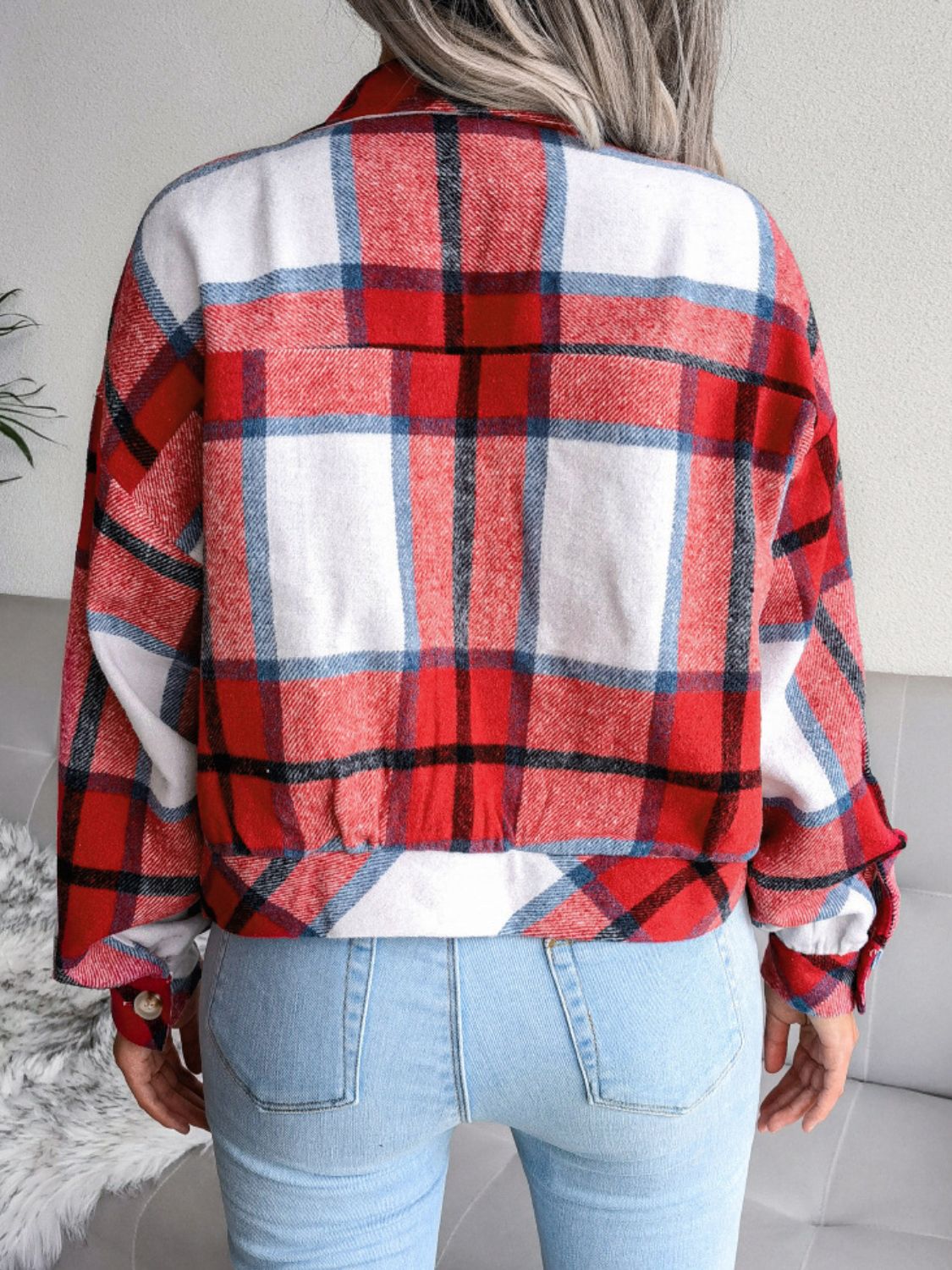Plaid Collared Neck Drop Shoulder Jacket - Charming Charlie