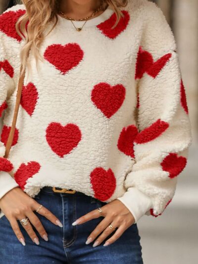 Fuzzy Heart Dropped Shoulder Sweatshirt - Charming Charlie